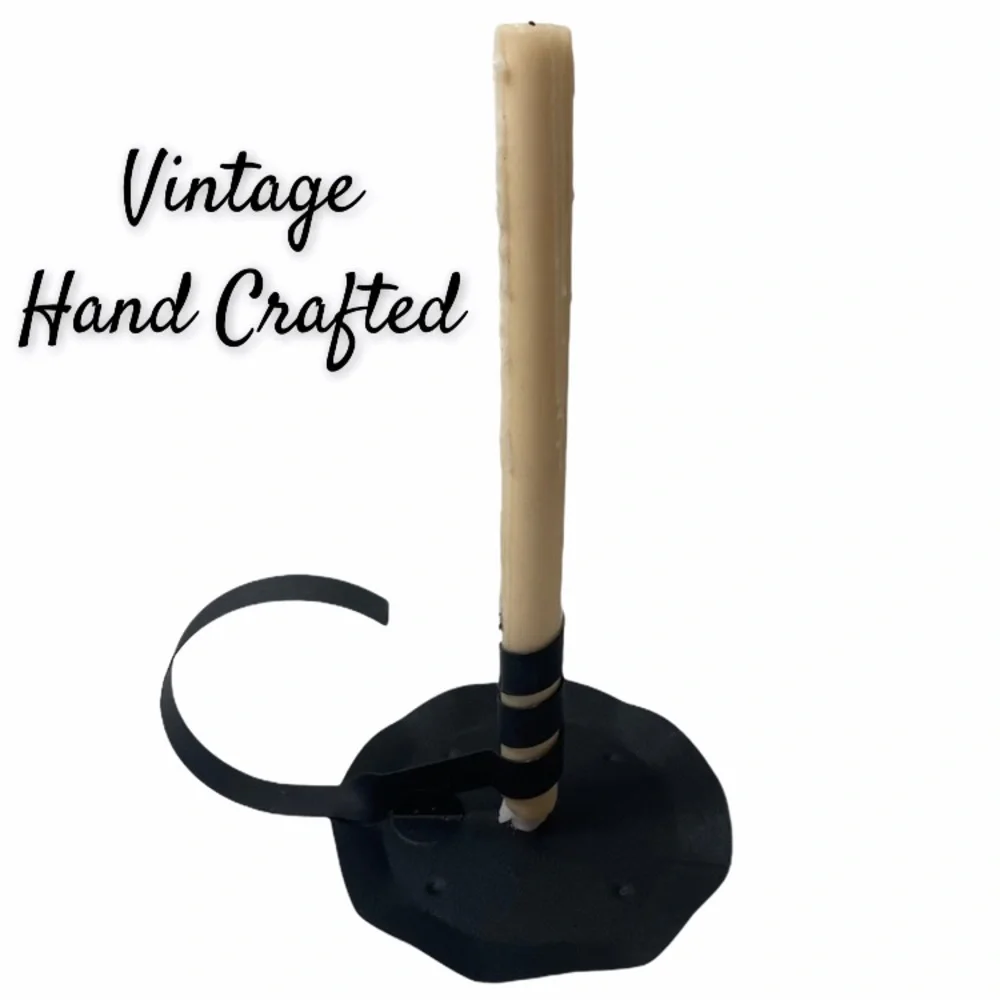 Vintage Handmade Metal Candle Stick Holder Large Antique Chamberstick Black Iron
